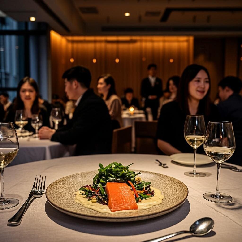 Een sfeervol, modern restaurantinterieur tijdens de avond, waar warm oranje-amberkleurig LED-verlichting zachtjes neerstrijkt op elegant gedekte tafels met witte linnen tafelkleden. Op de voorgrond is een close-up te zien van een perfect gepresenteerd gerecht - misschien een stuk zalm met kleurrijke garnituur - dat baadt in gerichte accentverlichting die de kleuren laat stralen. Op de achtergrond zijn wazige silhouetten zichtbaar van gasten die in gesprek zijn, hun gezichten zacht verlicht door de warme sfeerverlichting. Aan het plafond zijn subtiele spotjes en hanglampen zichtbaar die een gelaagde lichtcompositie creëren. De algehele atmosfeer ademt wetenschappelijke precisie gecombineerd met esthetische warmte - alsof neurowetenschap en culinaire kunst elkaar ontmoeten in één perfect belichte ruimte.